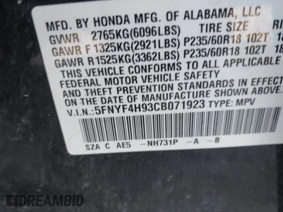2012 Honda Pilot Touring with VIN 5FNYF4H93CB071923, listed as a IAAI auction lot 41946074 with 175,663 mi miles and . Bid and sale history available at carsss.com. Image 9.