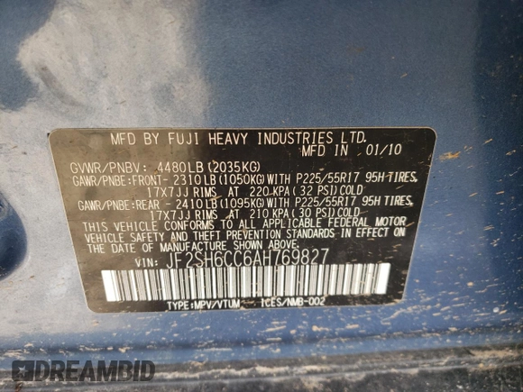 2010 Subaru Forester X Premium с VIN JF2SH6CC6AH769827, выставлен на аукционе Copart как лот 54481065 с пробегом 173 194 миль миль и Списание • Salvage title. История ставок и продаж доступна на DreamBid. Изображение 13.