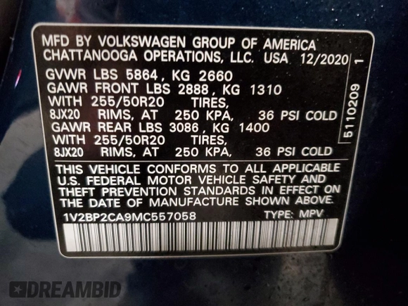 2021 Volkswagen Atlas SEL with VIN 1V2BP2CA9MC557058, listed as a Copart auction lot 40885974 with 50,966 mi miles and . Bid and sale history available at DreamBid. Image 13.