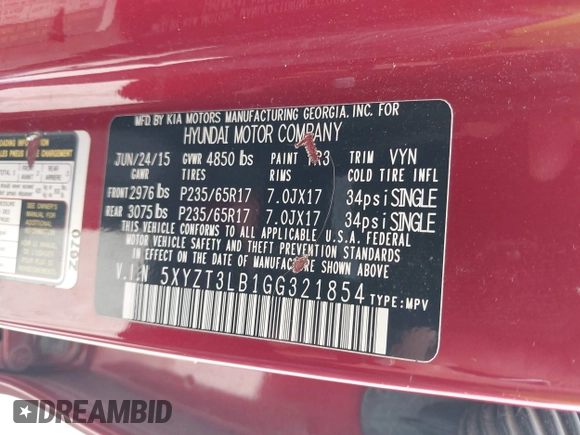 2016 Hyundai Santa Fe z VIN 5XYZT3LB1GG321854, wystawiony jako IAAI lot #40244942 z przebiegiem Nie podano mil oraz . Historia ofert i sprzedaży dostępna na DreamBid. Obrazek 9.