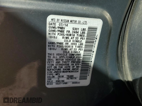 2015 Infiniti QX70 with VIN JN8CS1MU8FM380334, listed as a Copart auction lot 42929405 with 92,090 mi miles and Salvage title. Bid and sale history available at DreamBid. Image 16.
