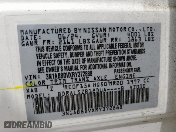 2024 Nissan Sentra SR with VIN 3N1AB8DVXRY372888, listed as a Copart auction lot 59983715 with 17,767 mi miles and Salvage title. Bid and sale history available at DreamBid. Image 13.