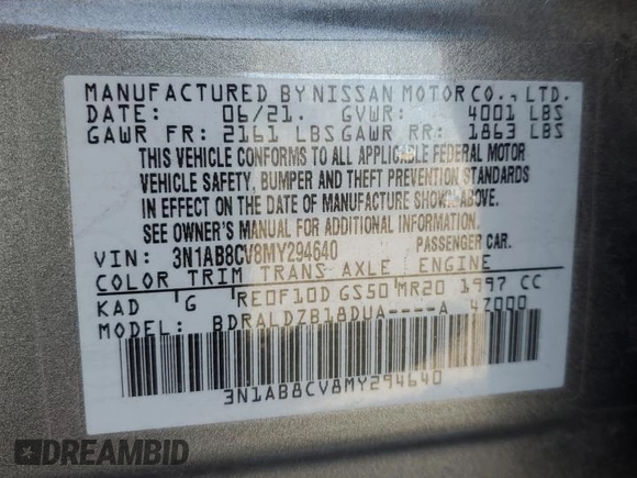 2021 Nissan Sentra SV with VIN 3N1AB8CV8MY294640, listed as a Copart auction lot 51853695 with 111,134 mi miles and Salvage Title. Bid and sale history available at DreamBid. Image 13.
