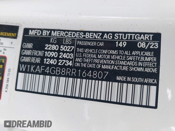 2024 Mercedes-Benz C 300 with VIN W1KAF4GB8RR164807, listed as a IAAI auction lot 42347990 with Not provided miles and . Bid and sale history available at DreamBid. Image 9.