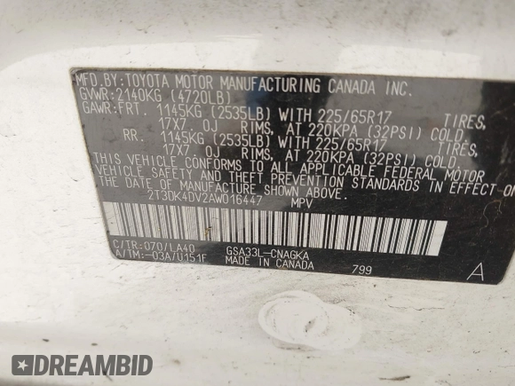 2010 Toyota RAV4 Ltd with VIN 2T3DK4DV2AW016447, listed as a IAAI auction lot 42039978 with Not Provided miles. Bid and sale history available at carsss.com. Image 9.