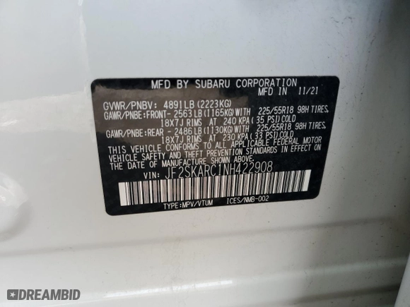 2022 Subaru Forester Touring with VIN JF2SKARC1NH422908, listed as a Copart auction lot 48389465 with 46,999 mi miles and Salvage Title. Bid and sale history available at carsss.com. Image 13.