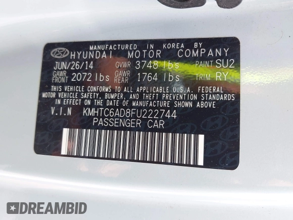 2015 Hyundai Veloster z VIN KMHTC6AD8FU222744, wystawiony jako IAAI lot #42129397 z przebiegiem Nie podano mil oraz . Historia ofert i sprzedaży dostępna na DreamBid. Obrazek 9.