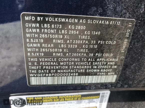2013 Volkswagen Touareg Lux с VIN WVGEF9BP0DD002456, выставлен на аукционе Copart как лот 56034435 с пробегом 131 412 миль миль и Списание • Salvage title. История ставок и продаж доступна на DreamBid. Изображение 13.