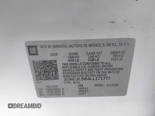2020 Chevrolet Trax LT with VIN 3GNCJLSB4LL171777, listed as a IAAI auction lot 41789393 with 39,130 mi miles and . Bid and sale history available at DreamBid. Image 9.