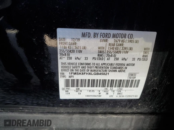 2020 Ford Explorer Limited with VIN 1FMSK8FHXLGB45021, listed as a Copart auction lot 53300745 with 122,959 mi miles and Salvage Title. Bid and sale history available at carsss.com. Image 14.