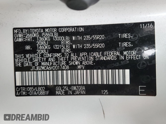 2017 Lexus RX with VIN JTJBZMCA6H2017408, listed as a Copart auction lot 46168735 with 91,515 mi miles and Salvage Title. Bid and sale history available at carsss.com. Image 13.