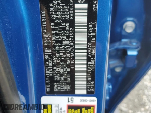 2020 Toyota Camry LE with VIN 4T1C11AK7LU374582, listed as a Copart auction lot 48851475 with 79,532 mi miles and Salvage Title. Bid and sale history available at DreamBid. Image 12.