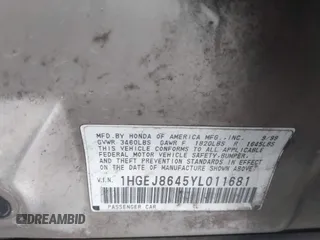 2000 Honda Civic EX z VIN 1HGEJ8645YL011681, wystawiony jako IAAI lot #42325903 z przebiegiem 149 418 mil mil oraz . Historia ofert i sprzedaży dostępna na DreamBid. Obrazek 9.