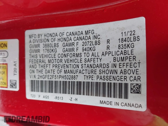 2023 Honda Civic Sport with VIN 2HGFE2F51PH502887, listed as a IAAI auction lot 42021914 with 48,540 mi miles and . Bid and sale history available at DreamBid. Image 9.