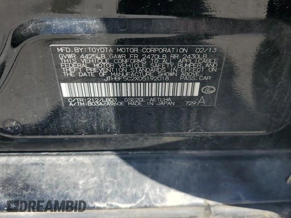 2013 Lexus IS 250 with VIN JTHBF5C2XD5192018, listed as a Copart auction lot 62072985 with 142,209 mi miles and Salvage title. Bid and sale history available at DreamBid. Image 12.