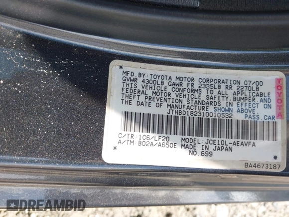 2001 Lexus IS 300/350 z VIN JTHBD182310010532, wystawiony jako IAAI lot #42149537 z przebiegiem 208 120 mil mil oraz . Historia ofert i sprzedaży dostępna na DreamBid. Obrazek 9.