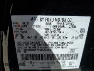 2009 Mercury Mariner z VIN 4M2CU81799KJ25621, wystawiony jako Copart lot #53109105 z przebiegiem 206 186 mil mil oraz Szkody całkowita. Historia ofert i sprzedaży dostępna na DreamBid. Obrazek 16.