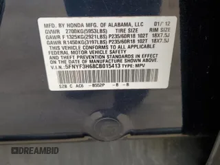 2012 Honda Pilot EX-L with VIN 5FNYF3H68CB015413, listed as a Copart auction lot 54212475 with 183,175 mi miles and Salvage title. Bid and sale history available at DreamBid. Image 12.