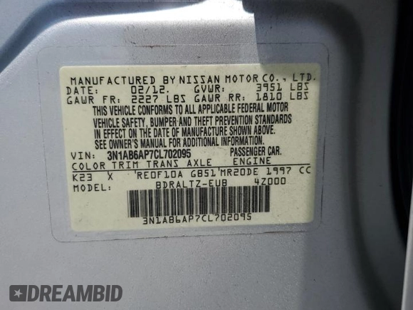2012 Nissan Sentra S with VIN 3N1AB6AP7CL702095, listed as a Copart auction lot 60427205 with 165,267 mi miles and Salvage title. Bid and sale history available at DreamBid. Image 12.