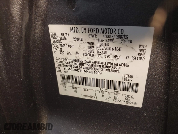 2010 Ford Escape XLT with VIN 1FMCU9D70AKD21499, listed as a IAAI auction lot 42039437 with 185,545 mi miles. Bid and sale history available at carsss.com. Image 9.