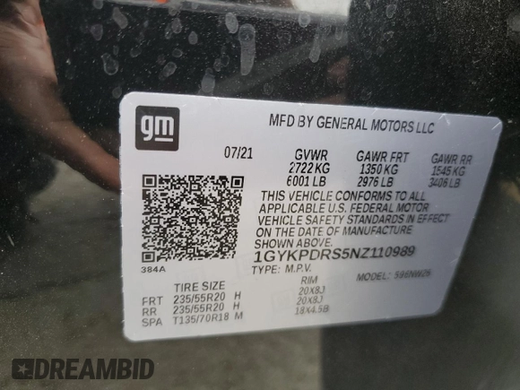 2022 Cadillac XT6 Premium Luxury with VIN 1GYKPDRS5NZ110989, listed as a Copart auction lot 69600894 with 56,148 mi miles and Salvage Title. Bid and sale history available at carsss.com. Image 14.