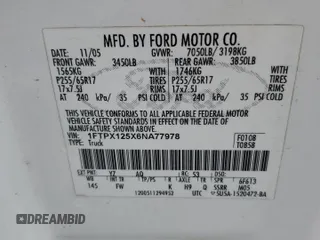 2006 Ford F-150 XLT z VIN 1FTPX125X6NA77978, wystawiony jako Copart lot #58859995 z przebiegiem Nie podano mil oraz Nie do naprawy • Non repairable. Historia ofert i sprzedaży dostępna na DreamBid. Obrazek 12.