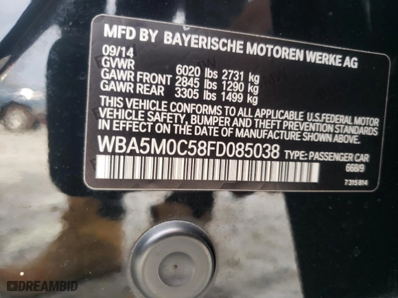 2015 BMW 5 Series Gran Turismo 550i xDrive with VIN WBA5M0C58FD085038, listed as a Copart auction lot 42856525 with NaN miles and Salvage Title. Bid and sale history available at carsss.com. Image 12.
