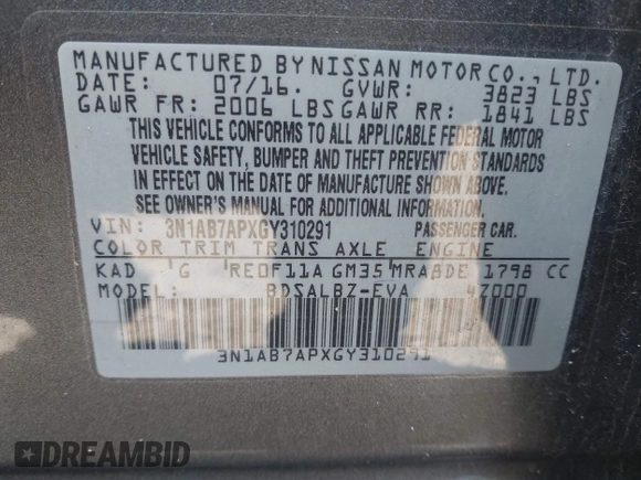 2016 Nissan Sentra SV with VIN 3N1AB7APXGY310291, listed as a IAAI auction lot 41930198 with 127,118 mi miles and . Bid and sale history available at DreamBid. Image 9.