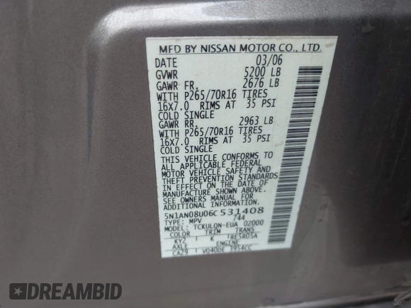 2006 Nissan Xterra SE with VIN 5N1AN08U06C531408, listed as a IAAI auction lot 41429478 with 187,287 mi miles. Bid and sale history available at carsss.com. Image 9.