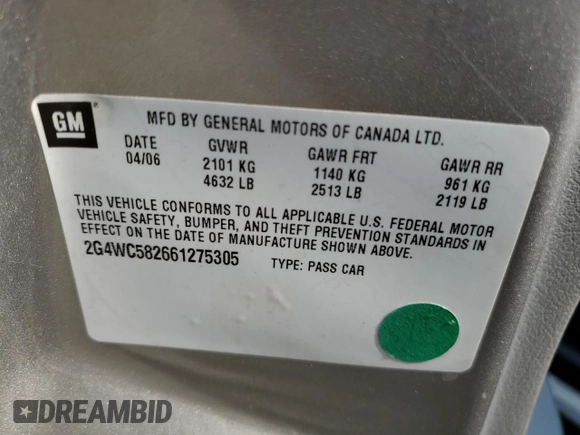 2006 Buick LaCrosse CX with VIN 2G4WC582661275305, listed as a Copart auction lot 70347894 with 89,283 mi miles and Clean Title. Bid and sale history available at carsss.com. Image 12.