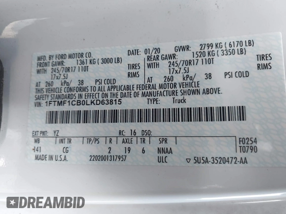 2020 Ford F-150 XL with VIN 1FTMF1CB0LKD63815, listed as a IAAI auction lot 41719059 with 33,021 mi miles and . Bid and sale history available at carsss.com. Image 9.