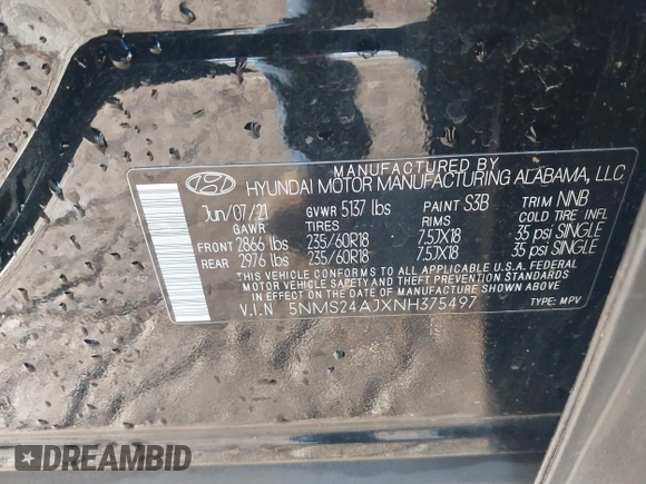 2022 Hyundai Santa Fe SEL with VIN 5NMS24AJXNH375497, listed as a IAAI auction lot 41390349 with 77,067 mi miles and . Bid and sale history available at DreamBid. Image 9.