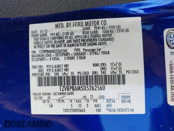 2013 Ford Mustang V6 with VIN 1ZVBP8AM5D5262560, listed as a IAAI auction lot 42136648 with 71,301 mi miles and . Bid and sale history available at carsss.com. Image 9.