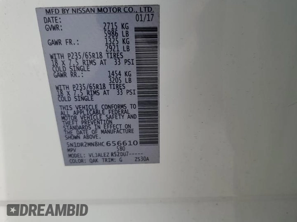 2017 Nissan Pathfinder S with VIN 5N1DR2MN8HC656610, listed as a Copart auction lot 59202795 with 109,262 mi miles and Salvage title. Bid and sale history available at DreamBid. Image 14.