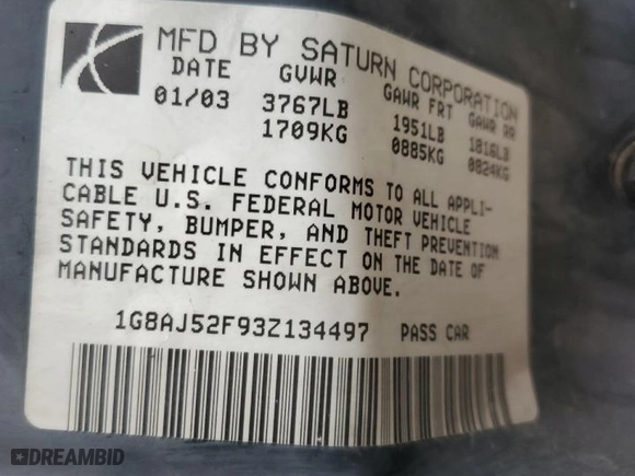 2003 Saturn ION with VIN 1G8AJ52F93Z134497, listed as a Copart auction lot 87424994 with 0 mi miles and Salvage Title. Bid and sale history available at carsss.com. Image 15.