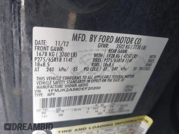 2013 Ford Expedition Max Limited with VIN 1FMJK2A58DEF20200, listed as a IAAI auction lot 41626076 with 164,498 mi miles and . Bid and sale history available at DreamBid. Image 9.