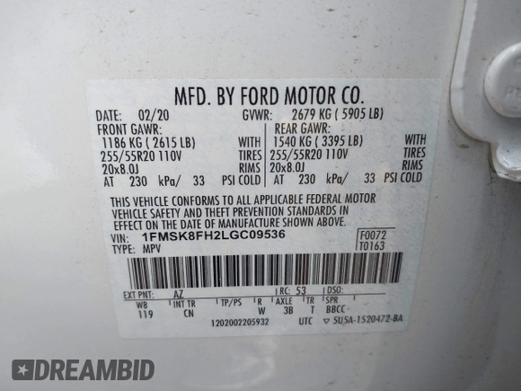 2020 Ford Explorer Limited with VIN 1FMSK8FH2LGC09536, listed as a IAAI auction lot 41147488 with 39,206 mi miles. Bid and sale history available at carsss.com. Image 9.