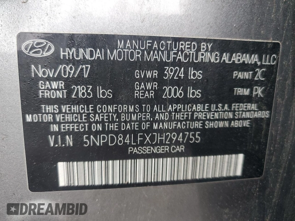 2018 Hyundai Elantra SEL with VIN 5NPD84LFXJH294755, listed as a Copart auction lot 55169735 with 126,999 mi miles and Clean Title. Bid and sale history available at DreamBid. Image 12.