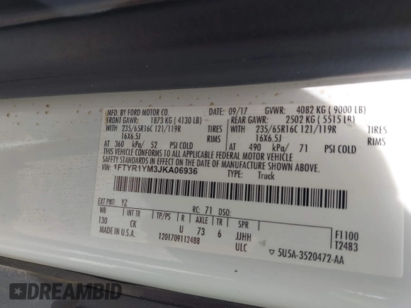 2018 Ford Transit with VIN 1FTYR1YM3JKA06936, listed as a IAAI auction lot 42504298 with 139,713 mi miles and . Bid and sale history available at DreamBid. Image 9.