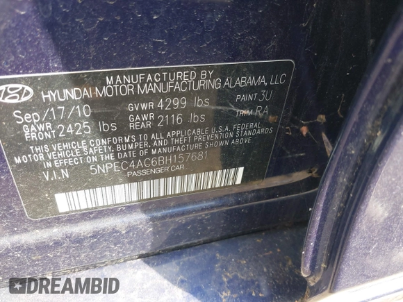 2011 Hyundai Sonata SE with VIN 5NPEC4AC6BH157681, listed as a IAAI auction lot 42035345 with 106,651 mi miles. Bid and sale history available at carsss.com. Image 9.