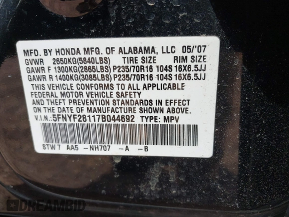 2007 Honda Pilot LX with VIN 5FNYF28117B044692, listed as a IAAI auction lot 42081205 with 173,744 mi miles and . Bid and sale history available at DreamBid. Image 9.