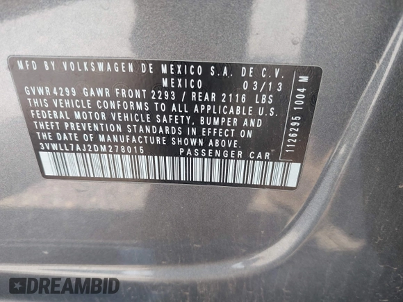 2013 Volkswagen Jetta TDI w/Premium with VIN 3VWLL7AJ2DM278015, listed as a IAAI auction lot 42619604 with 96,843 mi miles and . Bid and sale history available at DreamBid. Image 9.