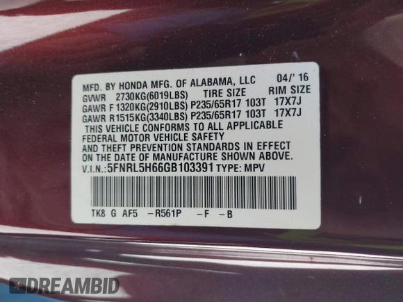 2016 Honda Odyssey EX-L with VIN 5FNRL5H66GB103391, listed as a IAAI auction lot 41824067 with 68,672 mi miles and . Bid and sale history available at DreamBid. Image 9.