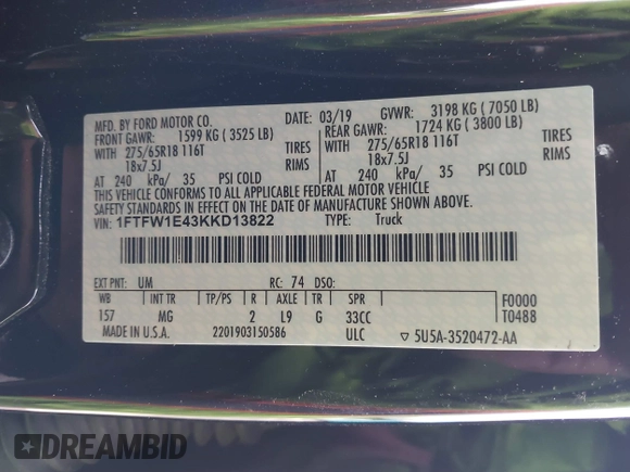 2019 Ford F-150 XL with VIN 1FTFW1E43KKD13822, listed as a IAAI auction lot 41826853 with 43,230 mi miles and . Bid and sale history available at DreamBid. Image 9.