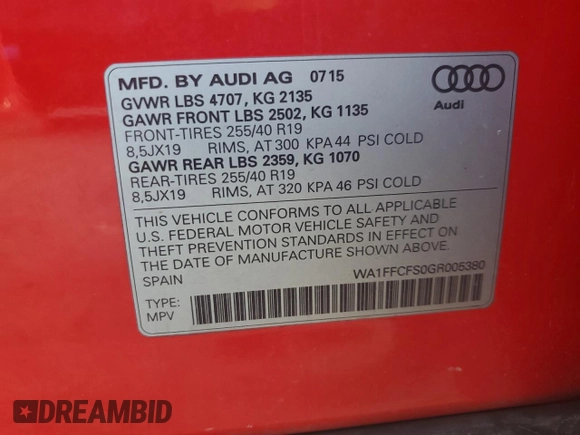 2016 Audi Q3 Prestige with VIN WA1FFCFS0GR005380, listed as a Copart auction lot 66805484 with 113,486 mi miles and Salvage title. Bid and sale history available at DreamBid. Image 13.