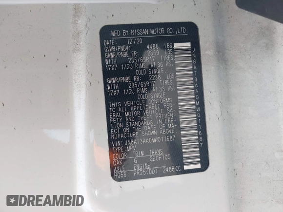 2021 Nissan Rogue S z VIN JN8AT3AA0MW011687, wystawiony jako IAAI lot #42034547 z przebiegiem 50 989 mil mil oraz . Historia ofert i sprzedaży dostępna na DreamBid. Obrazek 9.
