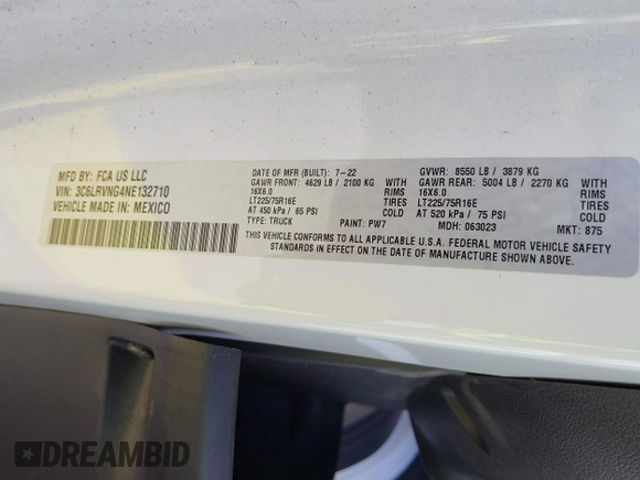 2022 Ram ProMaster Cargo with VIN 3C6LRVNG4NE132710, listed as a IAAI auction lot 41797653 with 61,848 mi miles and . Bid and sale history available at DreamBid. Image 9.