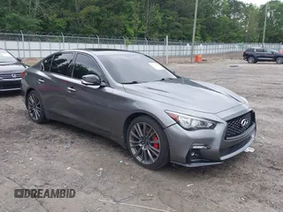 2021 Infiniti Q50 Red Sport 400 with VIN JN1FV7DR2MM880505, listed as a IAAI auction lot 42377058 with 59,618 mi miles and . Bid and sale history available at DreamBid. Image 1.