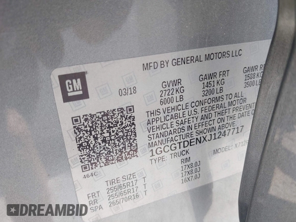 2018 Chevrolet Colorado 4WD Z71 with VIN 1GCGTDENXJ1247717, listed as a IAAI auction lot 42557264 with 91,463 mi miles and . Bid and sale history available at DreamBid. Image 9.