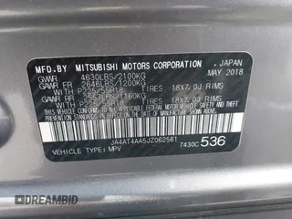 2018 Mitsubishi Eclipse Cross LE z VIN JA4AT4AA5JZ062561, wystawiony jako IAAI lot #41572618 z przebiegiem 95 716 mil mil oraz . Historia ofert i sprzedaży dostępna na DreamBid. Obrazek 9.